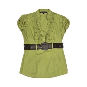 Y2K HeartSOUL Green Ruffle V-Neck Belted Puff Sleeve Blouse SM Office Work